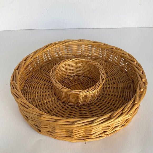 Vintage Boho Wicker Chip and‎ Dip Tray with Glass Dip Bowl - Picture 3 of 10